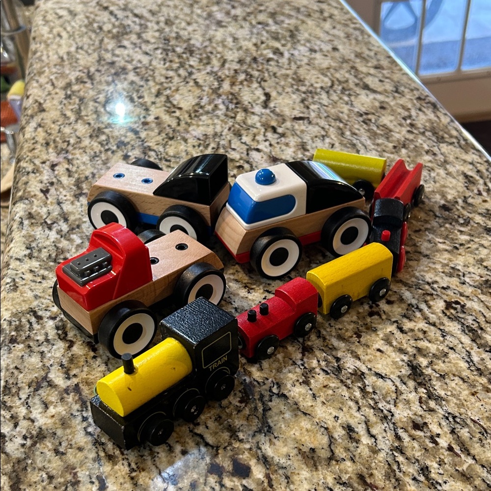 Colorful Wooden Toy Trucks & Train Set